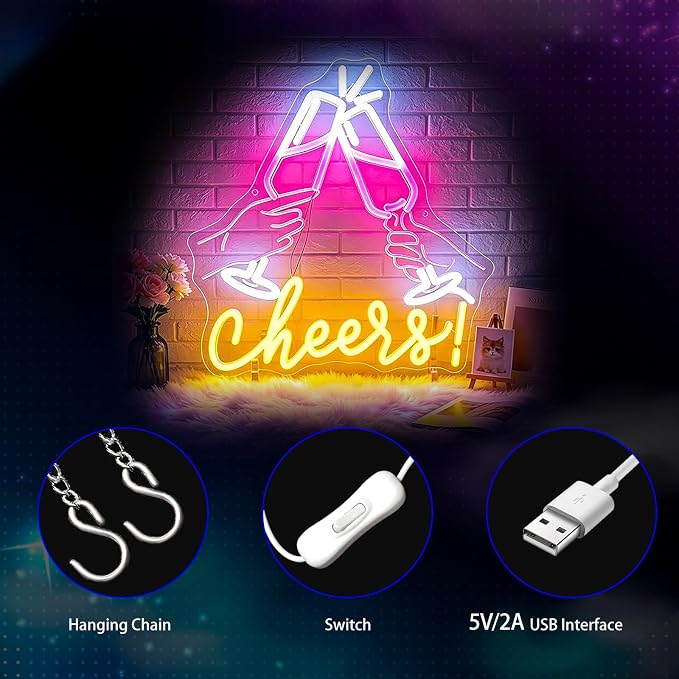 Neon Sign, Cheers Neon Signs for Wall Decor LED Signs Neon Light | Cheers Neon Signs for Wedding, Graduation, Birthday, Party, Bar, Festival Celebration Backdrop Wall Decor, Gift, USB Powered