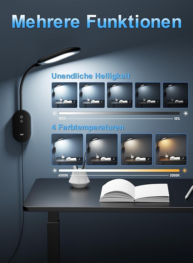 Wall Mounted Reading Bed Light, Wall Bed Lamp with CRI 95+ for Eye Care, 4 Color 5 Dimmable, 2A USB Output, 4-Hour Auto Off, Book Lights Flexible Gooseneck Reading Lamp Headboard Black