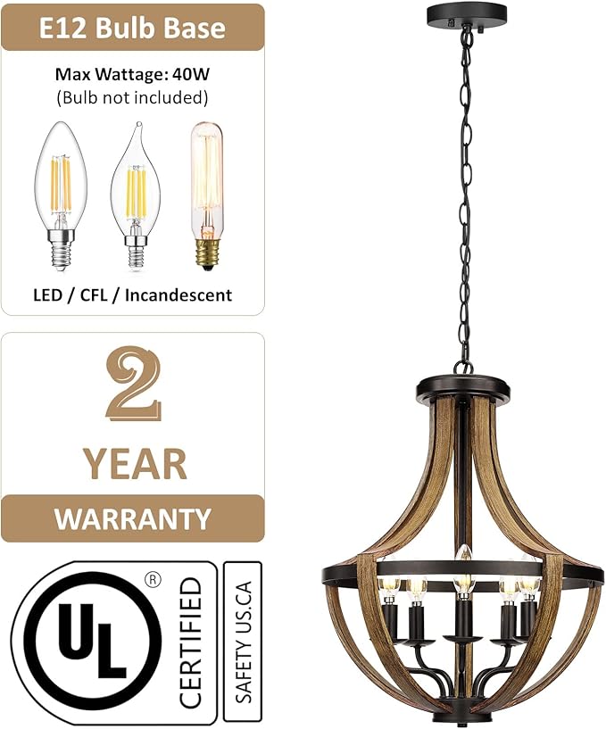 17.7" Modern Farmhouse Geometric Chandelier Light Fixture, 5-Light Adjustable Height Rustic Hanging Pendant Lighting for Dining Room Foyer Kitchen Island, ‎Retro Wood Texture and Black Finish