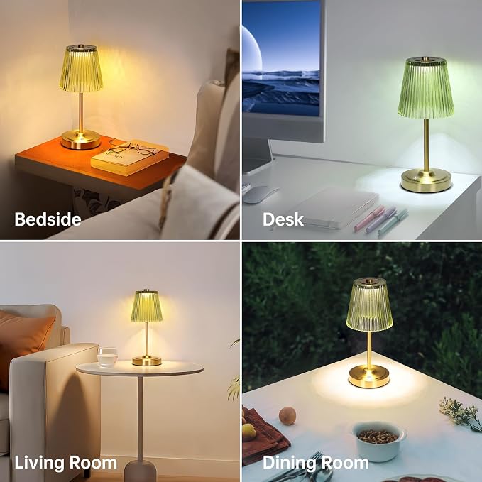 Shenmoyl Cordless Touch Table Lamp with 5200mAh Battery - 3 Adjustable Color Temperatures & Dimmable, Rechargeable Desk Lamp for Bedroom, Living Room, Office, Entryway, Bookshelves (Green Stripe)
