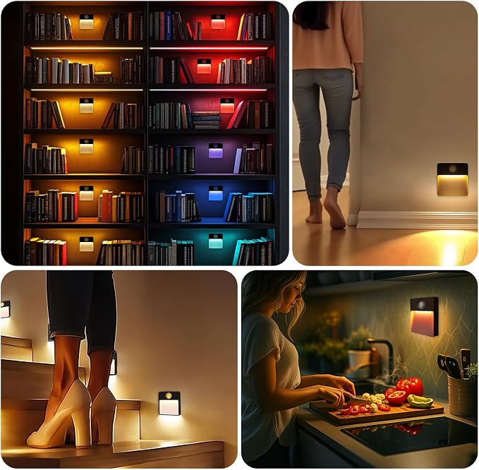 Guankai 8 Pack Motion Sensor Stair Light for Indoor, Rechargeable Battery Operated Night Lights, RGBW Stick On Closet Lamp, Motion Activated Magnetic Lighting Lamps for Step, Cabinet,Hallway,Bathroom