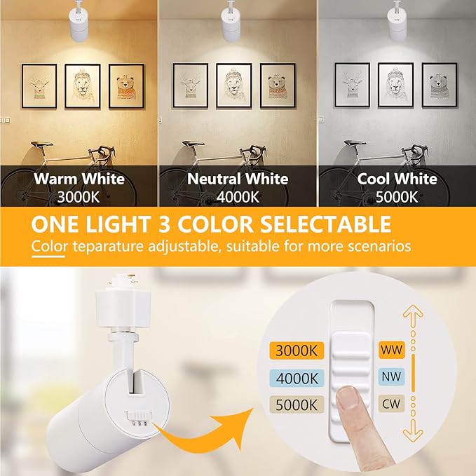 VANoopee 3-Color 10W H Track Lighting Heads Dimmable LED Track Light Heads Bright Rail Ceiling Spotlight Fixtures Accent Task, 3000K 4000K 5000K, Flicker Free CRI90+ 36° 1000lm, Matte White, Pack of 4
