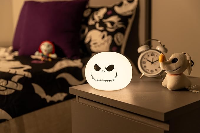 Disney Squish'ems Jack Skellington Night Light for Kids, Soft Silicone | 13 Color Modes and Dimmable Warm White Light for Kids Room, Bedroom, and Playroom, USB Powered with AAA Battery Option