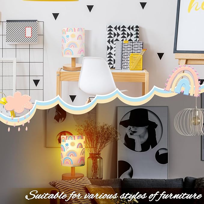 Rainbow Kids Table Lamp for Bedroom Kids Bedside Lamp with Linen Wooden Nightstand Cartoon Nursery Lampshade for Girls Boys Living Room