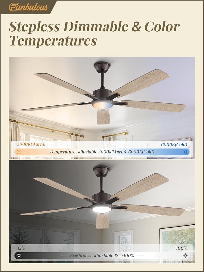 Fanbulous 60 Inch Oil Bronze Ceiling Fan with Light, Remote & APP Control | Stepless CCT & Dimmable Light, 20W LED Ceiling Fans, 6 Speeds, Reversible Quiet DC Motor, for Bedroom Living Room Apartment