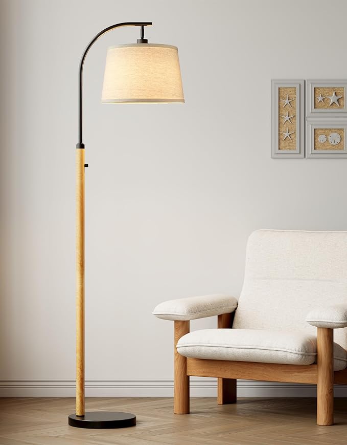 Dimmable Floor Lamp for Living Room, 65" Tall Metal Standing Lamp with LED Bulb, Mid Century Modern Arc Floor Lamp with Linen Shade for Bedroom, Reading Room, Office & Nursery, Black&Natural Color