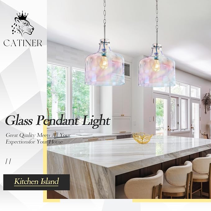 Colorful Hammered Glass Pendant Light, Chrome Hanging Light, 12-Inch | Hand-blown colorful hammered glass pendant light, adjustable chain, E26 socket, ideal for kitchen island lighting.