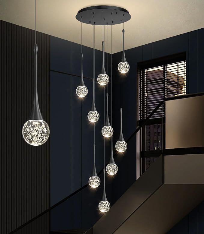 9 Light Modern Glam Crystal Chandelier for High Ceiling LED Dimmable Ceiling Pendant Light Staircase Foyer Enterway Living Room Chandelier Lighting Antique Black