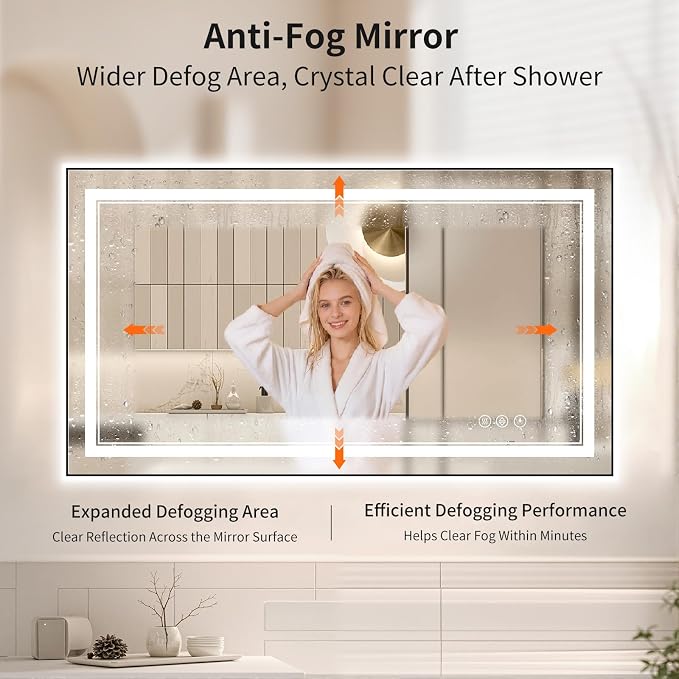 30"x50" LED Bathroom Mirror with Lights, Front & Backlit, Anti-Fog | Lighted Mirror with Dimmable, Aluminum Frame, 3 Color Temperature, CRI 90+, Touch Control with Memory, HD Tempered Glass