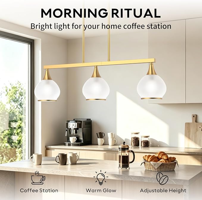 Kitchen Island Linear Pendant Light, 3-Light Gold Dining Room Chandelier with White Glass Globe Shades, Modern Linear Lighting Fixture Over Table
