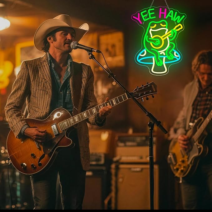 Yee Haw Frog Neon Sign Cowboy LED Light Bar Decor Man Cave | Dimmable Funny Frog Guitar Light Up Sign for Pubs, Game Rooms, Music Rooms & Cowboy Fans, LED Wall Decor, Easy Mount, USB