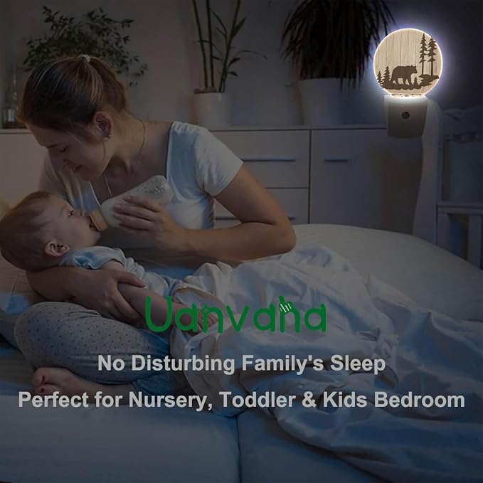 Bear Night Lights Plug into Wall Wildlife Cute Brown Bear Trees Woods Silhouette Night Light Dusk to Dawn Sensor LED Lighting for Bedroom Bathroom Living Room
