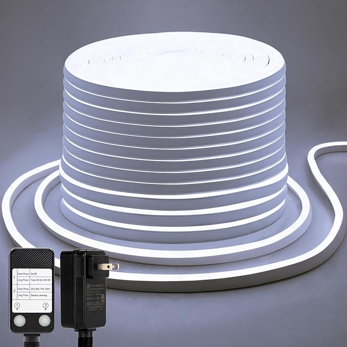 DBFAIRY 66Ft LED Neon Rope Lights, 24V Dimmable 2400LEDs Strip Neon Light 6000K Flexible Silicone Rope Lights Super Bright IP67 Waterproof with Timer Function for Indoor Outdoor Decor(Cool White)