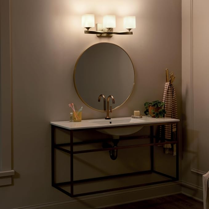 Kichler Marette 3-Light Bathroom Vanity Light, Champagne Bronze | Satin etched cased opal glass vanity light for bathrooms and powder rooms (23" x 8.25" x 6"), 55002CPZ