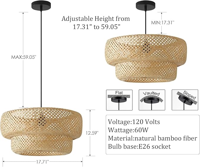 Bamboo Pendant Light,17.7" Rattan Chadelier | Hand-Woven Bamboo Rattan Chandelier Shade for Dining Living Bedroom Kitchen Farmhouse 1-Pack