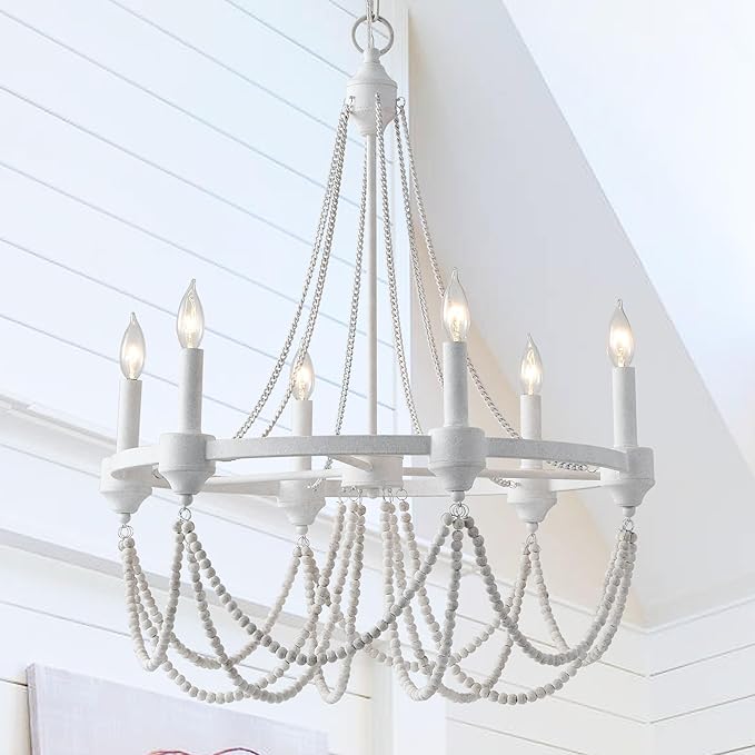 Boho Beaded Chandelier Farmhouse Rustic Candle Style Hanging Light Fixtures French Country Lighting for Dining Room Foyer Kitchen Entryway Distressed White Chandeliers 6-Lights W25.6