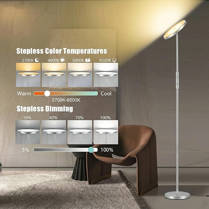 mukuxin Floor Lamp, Upgraded 40W 4000LM Super Bright Torchiere LED Floor Lamps for Living Room, Stepless Dimmable Color Temperature 2700K-6500K with Remote & Touch Control, Standing Light (Silver)