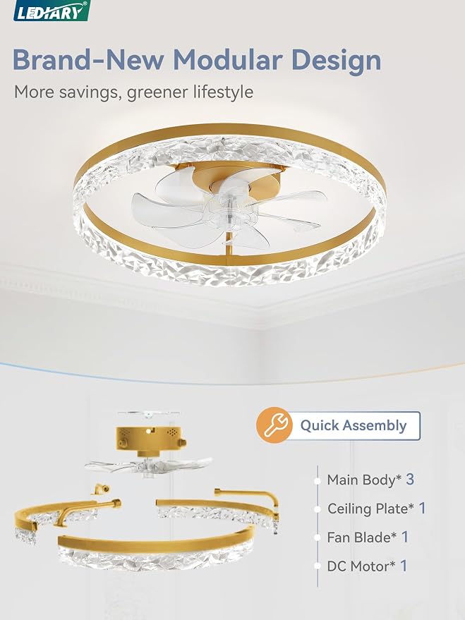 LEDIARY 20" Modern Ceiling Fans with Lights and Remote, Dimmable Low Profile Ceiling Fan, Flush Mount Fan, Stepless Color Temperature Change and 6 Speeds - Gold | Fandelier, Dimmable Low Profile, Flush Mount, Stepless Color Temperature Change, 6 Speeds...