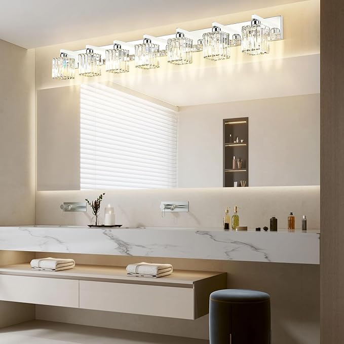 Aipsun Bathroom Vanity Light Fixtures Chrome Vanity Light for Bathroom Crystal Vanity Lighting Fixtures 7 Light (Exclude Bulb)