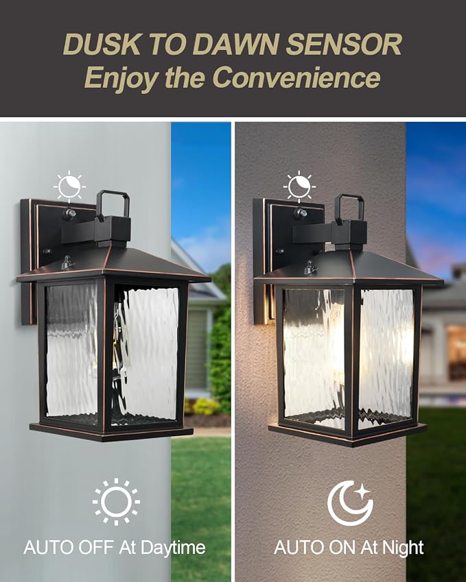 Dusk to Dawn Porch Light, Oil-Rubbed Bronze Outdoor Light Fixture | 1-Pack Outdoor Wall Light with Water Ripple Glass, Hardwired Aluminum Outside Wall Lantern, E26 Socket, Bulb Not Included