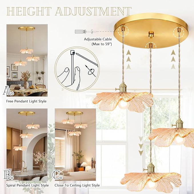 Amber Glass Pendant Chandelier, 3-Light Gold Brass Modern Light Fixture for Kitchen Island, Dining Table, Hallway & Entryway