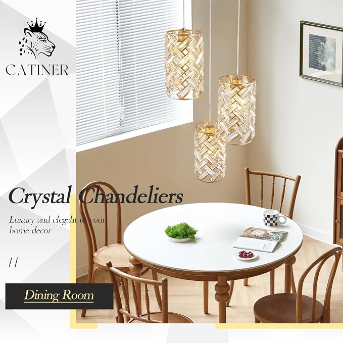 Gold Crystal Cluster Pendant Light, 3-Light Kitchen Island Hanging Light | 3-light gold crystal cluster pendant with adjustable height, E26 sockets, dimmable for kitchen islands and dining rooms