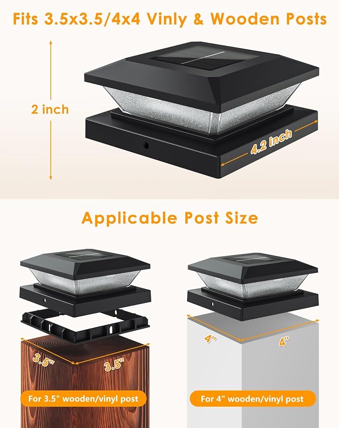 4x4 Solar Post Cap Lights - 2 Pack Fence Deck Post Solar Powered Lights | 3.5x3.5 4x4 Outdoor Postcap Light for Wood/Vinyl Posts, LED Waterproof Patio Porch Posts Lighting, 3 Lighting Modes, Black
