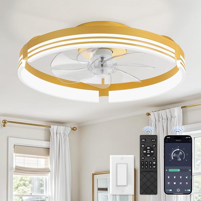 ZMISHIBO Low Profile Ceiling Fans with Lights and Remote, 20" Gold | 3000K-6000K Dimmable Fandelier LED, Flush Mount, 6 Wind Speeds, Reversible, Timer, Bedroom, Living Room, Kitchen, Kids Room