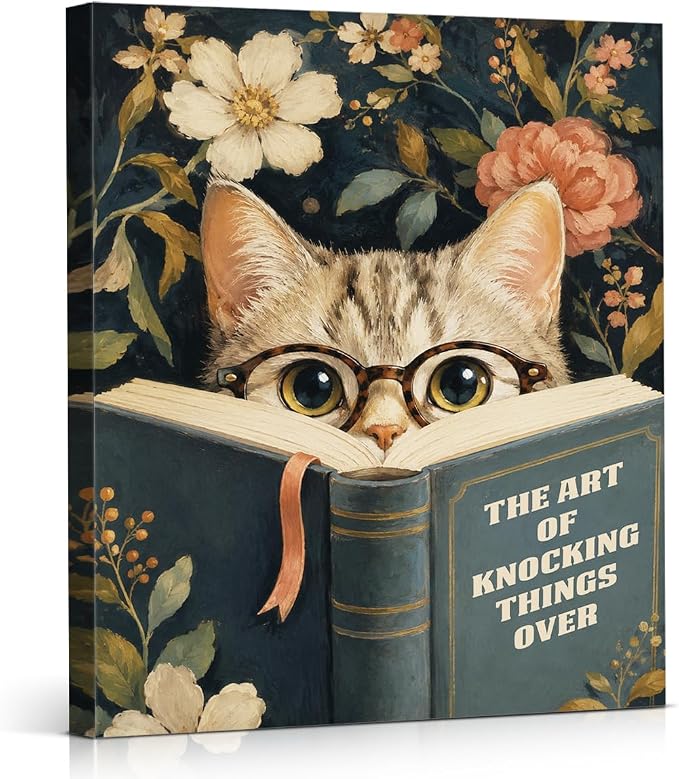 NSFBESSLIA Funny Reading Cat Painting, Whimsical Vintage Cat Decor, The Art Of Knocking Things Over, Humorous Wall Art for Living Room Bedroom Entryway, 8x10 Inch
