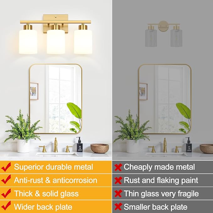 3-Light Bathroom Light Fixtures, Brushed Gold Vanity Light, Bathroom Vanity Light with Milky White Frosted Glass Shades, Bathroom Light for Mirror, Bedroom, Hallway, or Living Room