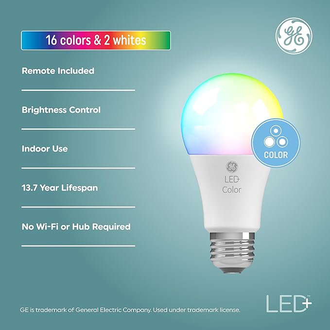 GE LED+ Color Changing LED Light Bulbs with Remote, No App or Wi-Fi Required, A19 Bulbs, CA Compliant (2 Pack)