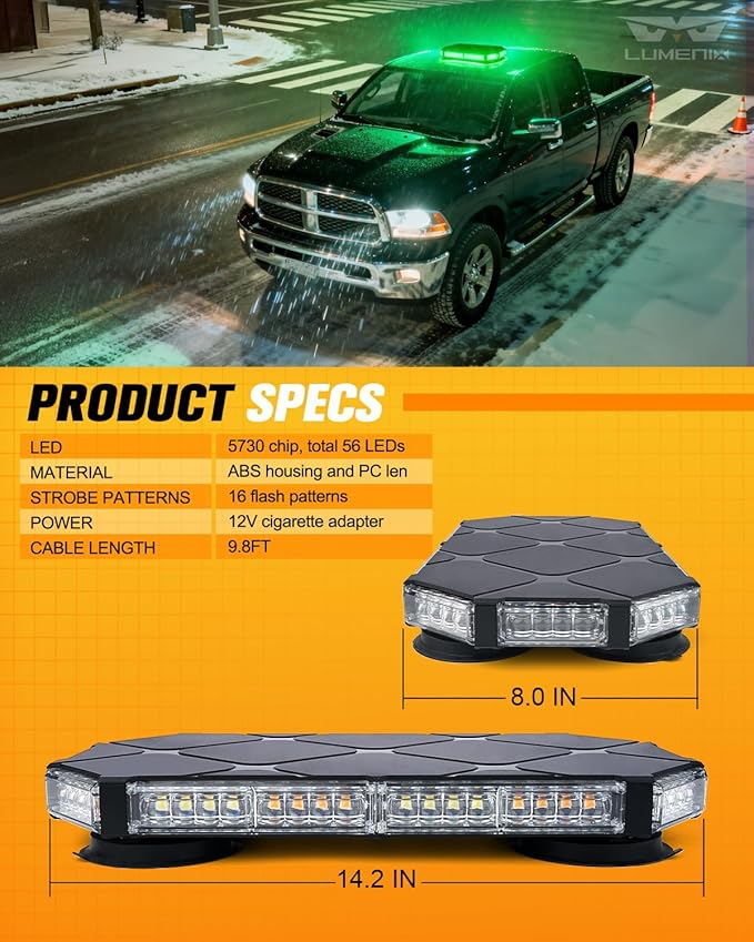 LUMENIX 56 LED Roof Top Strobe Beacon Lights Bar Rooftop Hazard Warning Safety Flashing Light for Fire EMS Emergency Management Command Vehicles Volunteer Security Patrol Cars - Green