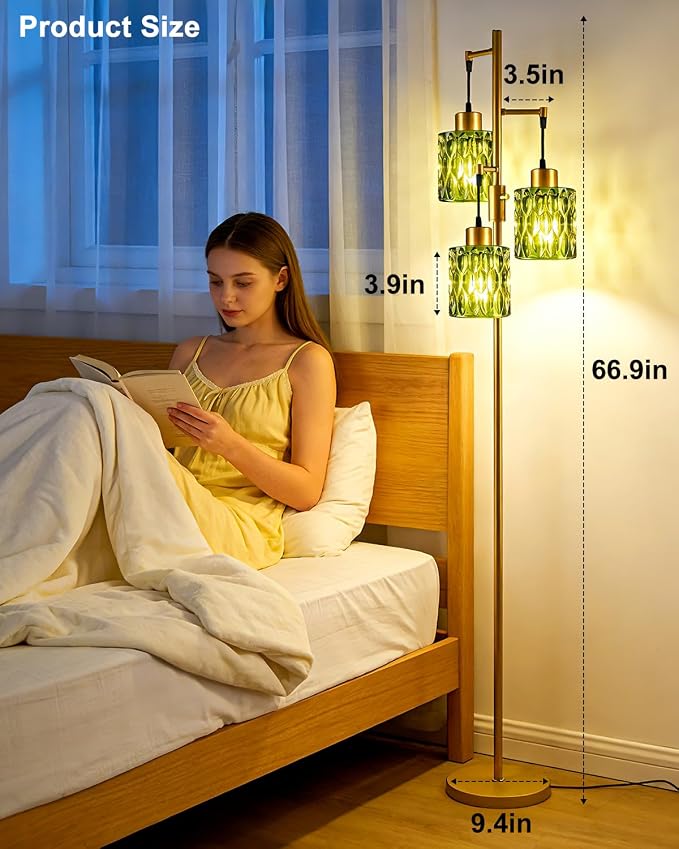 Lightdot 67" 3-Light Glass Floor Lamp for Living Room, Dimmable with Green Glass Shade & E12 Bulbs Included, Mid Century Standing Tall Lamp with 5Lbs Heavy Base for Bedroom/Sofa Beside/Corner - Gold