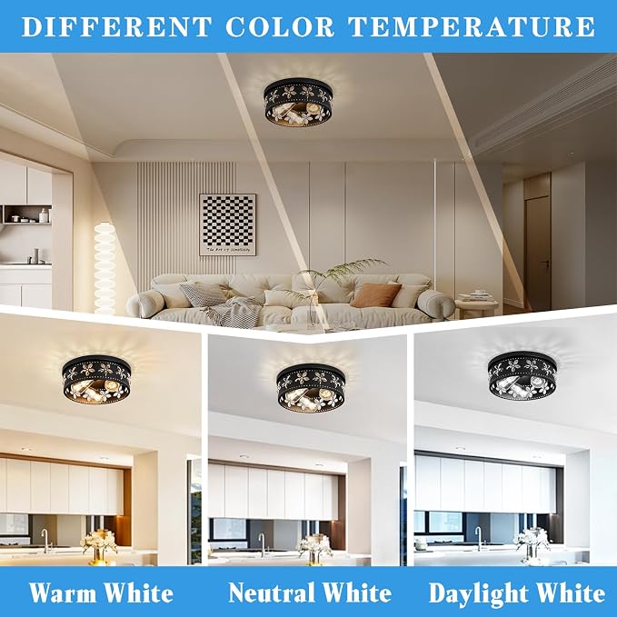 12.6 Inch Black Flush Mount Ceiling Light Fixture, 2 Pack | 3-Light, Flower, Farmhouse, Kitchen, Dining Room, Bedroom, Living Room, Foyer, Entryway