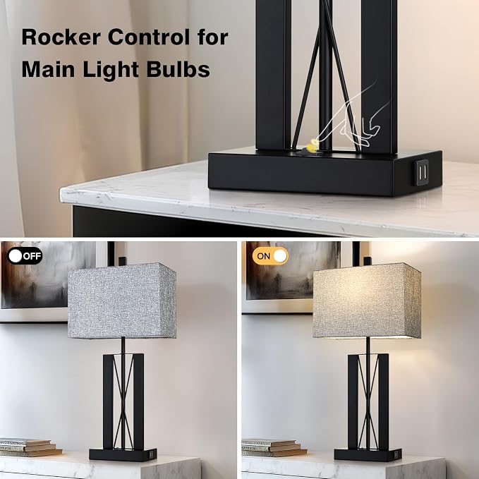 Lolikit 25" Table Lamps Set of 2, Modern Table Lamp for Living Room with 2 USB Charging Ports, Nightstand Geometric Industrial Bedside Lamp with Gray Shade for Bedrooms End Table Decor, Bulbs Included