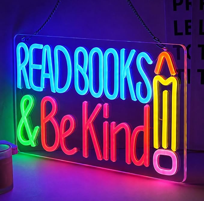 Read Books And Be Kind Neon Sign for Wall Decor Colorful Read Books Neon Light Dimmable Classroom LED Light up Signs for Study Room Bookstore Bedroom Classroom Library Decor