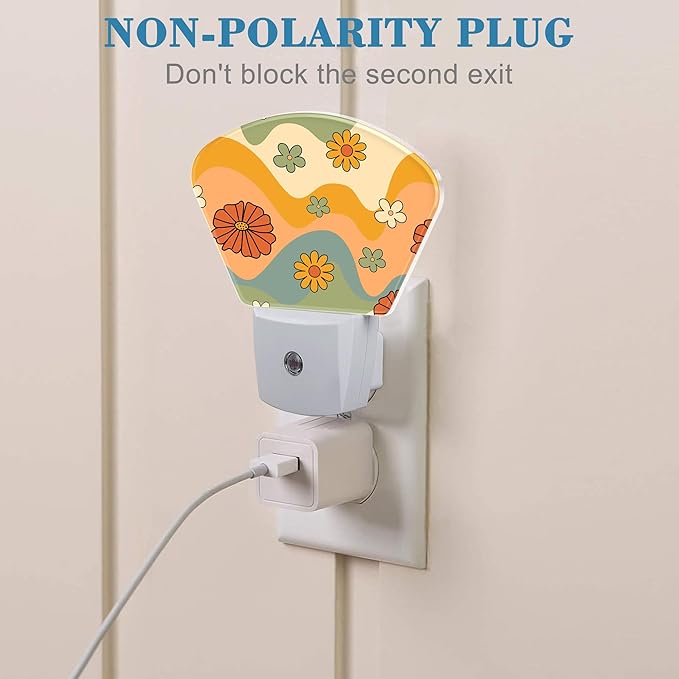 Retro Groovy Floral Night Light, Colorful Wave Nightlight Plug into Wall with Dusk to Dawn Sensor for Kid Girls Boys Women Men Bedroom, Hallway, Kitchen, Bathroom, Stairs Decor