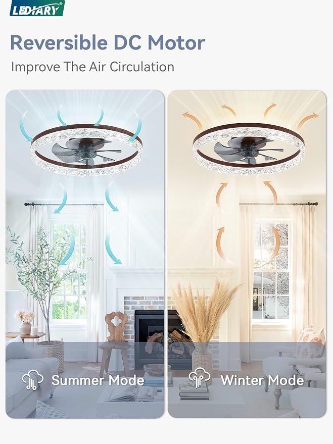 LEDIARY 20" Modern Ceiling Fans with Lights and Remote, Dimmable Low Profile Ceiling Fan, Flush Mount Ceiling Fan, Stepless Color Temperature Change and 6 Speeds - Brown | Fandelier, Dimmable Low Profile, Flush Mount, Stepless Color Temperature Change,...