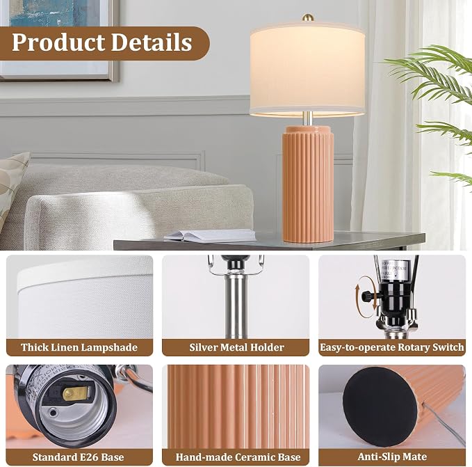 23.5’’ Orange Table Lamps for Bedroom Set of 2, Modern Ceramic Nightstand Lamps for Living Room, Retro Lamps with White Shade Set for Home Office End Table, Farmhouse Bedside Lamps for End Table Dorm