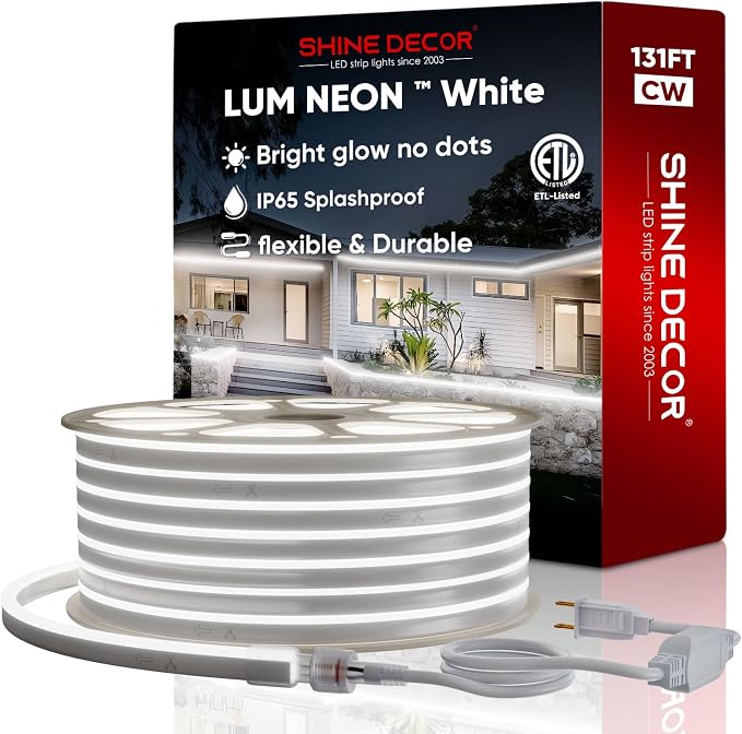 LED Neon Rope Lights AC 120V, Expandable & Cuttable 120LEDs/M Bright Strip Lighting, ETL Cold-Resistant & IP65 Waterproof for Indoor Outdoor, 8x16mm, 6300K Cool White, 131.2ft
