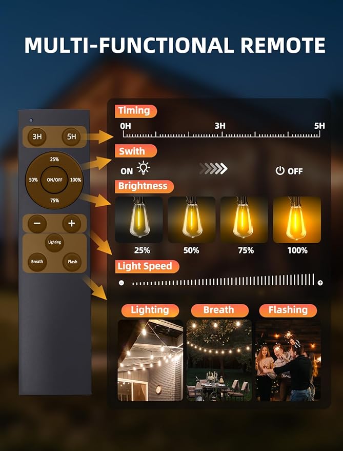 Outdoor Patio String Lights: S14 Shatterproof Bulb Outside Waterproof Light - 50Ft 15M Remote Dimmable Connectable Hanging Outdoor Electric Lighting - Garden Backyard Yard Gazebo Porch Party