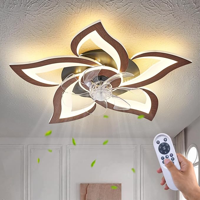 Geometric Ceiling Fan with Lights and Remote Control, 3 Light Colors, 6 Speeds, Low Profile Flush Mount for Kitchen, Bedroom, Living Room