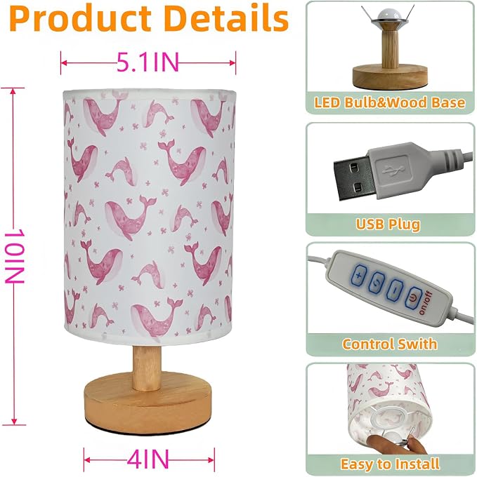 Whale Kids Table Lamp for Bedroom,Kids Bedside Lamps 3 Colors Dimmable Nightstand Night Light with Cartoon Flaxen Fabric Shade Desk Lamp for Girls Boys Room Nursery Ocean Decor,Birthday Kids Gift
