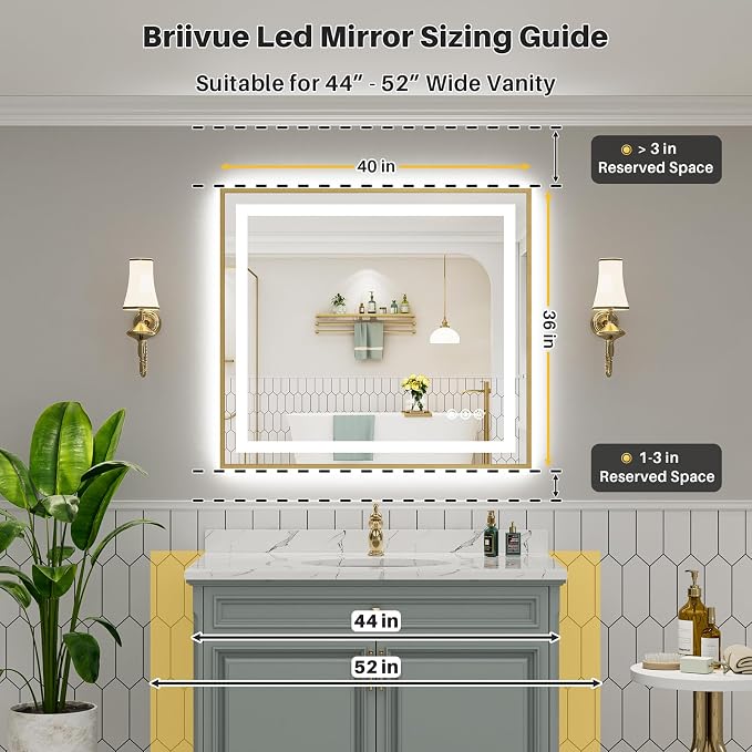 40x36 Inch LED Bathroom Mirror with Gold Frame, Backlit & Front Lit | Anti-fog, 3 Color Dimmable, Memory Function, HD Reflection Tempered Glass, ETL Listed, IP54 Waterproof