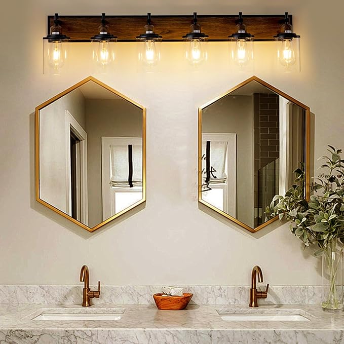 6-Light Farmhouse Bathroom Light Fixtures Vintage Bathroom Vanity Lights Over Mirror Black and Wood Painted Metal Vanity Light for Bathroom with Glass Shades E26 Socket