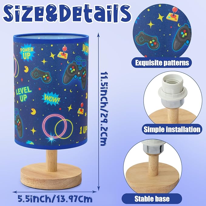 Kids Gaming Lamp for Boys Bedside Lamp with Linen Wooden Nightstand Cartoon Nursery Video Game Lampshade for Kids Gamer Decor