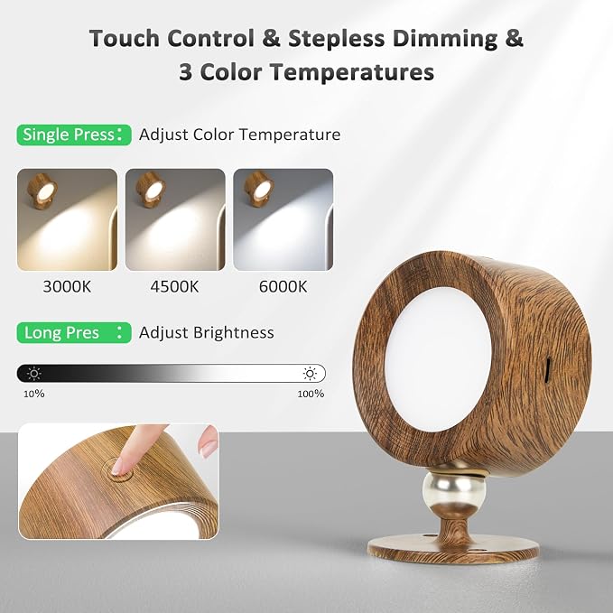 Racokky LED Wall Lights 3 Pcs with Remote, Wall Sconces Lighting 3000mAh Rechargeable Battery Operated, 3 Color Temperatures & Dimmable Magnetic 360° Rotation Cordless Lamp for Bedroom Hallway