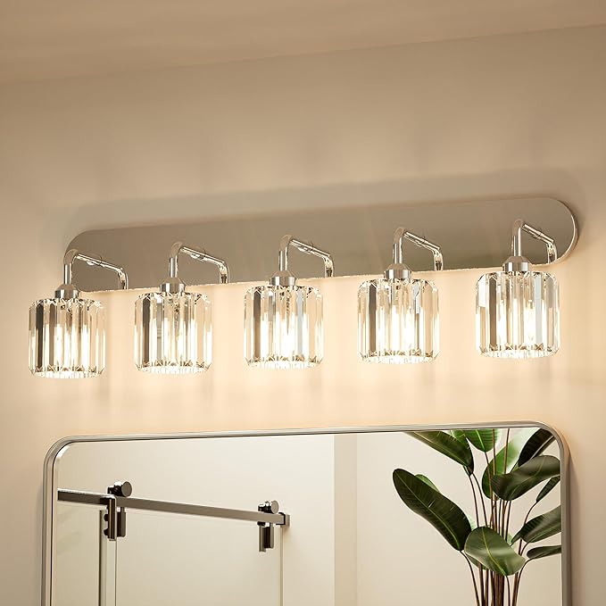 Keonjinn 5-Light Crystal Bathroom Light Fixtures Over Mirror, Chrome | Vanity Lighting Fixture with Square Shades, Dimmable, Modern Style, Compatible with E26 Base LED Bulbs (Blub Not Included)