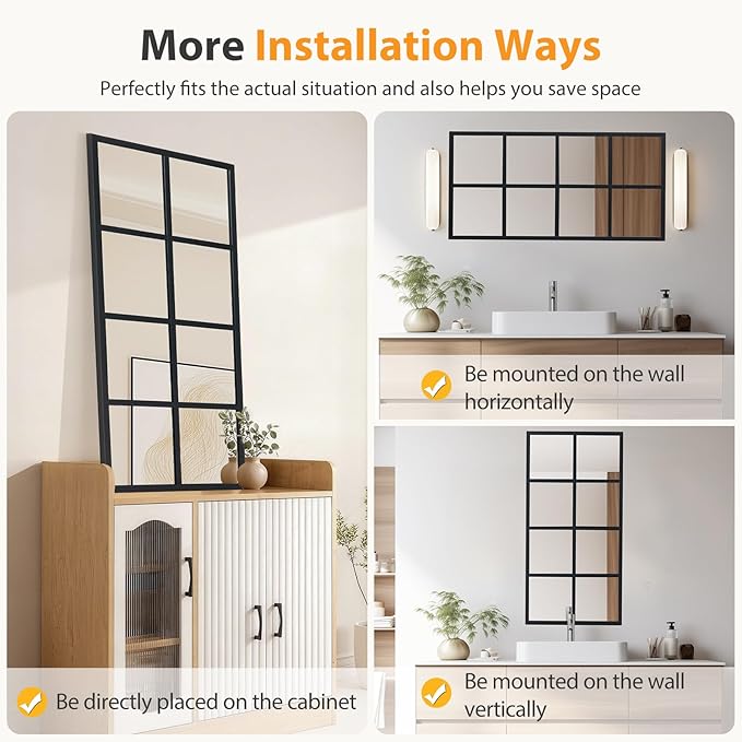 NEWBULIG Wall Mirror, 32" x 16" Window Decorative Mirrors, Metal Framed Wall Decor Wall-Mounted Mirrors for Bedroom, Living Room, Entryway, Black 2 Packs