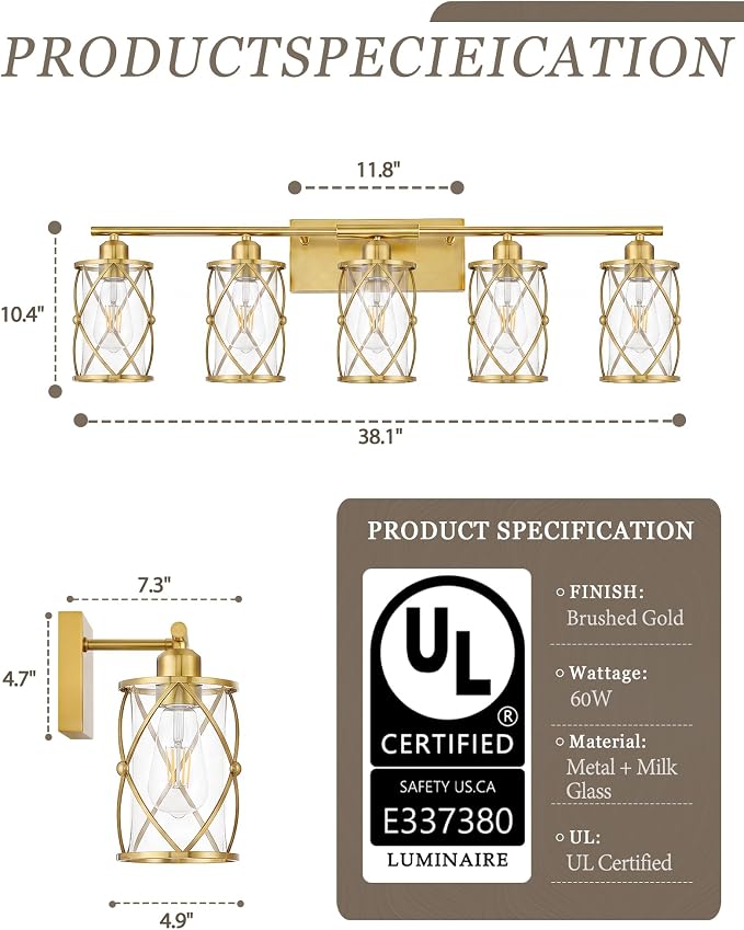 5-Light Brushed Gold Bathroom Light Fixtures Over Mirror, 38" UL-Listed Modern Wall Sconce Lights with Clear Glass and Metal Cage for Bath, Hardwire E26, CH9176BG-5W